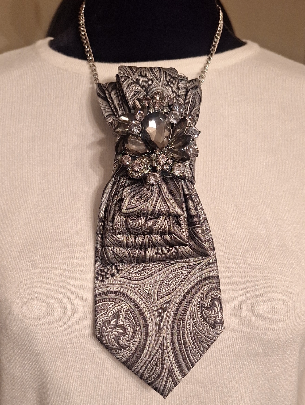Grey Paisley Silk Necktie Necklace with Decorative Brooch.